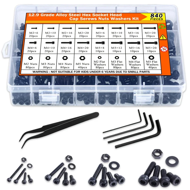 840-teiliges M2 M3 M4 M5-Innensechskantschrauben-Muttern-Set, metrisches Bolzensatz aus 12,9 legiertem Stahl mit Box und 4 Sechskantschlüsseln, DIN 912 Schwarz Image