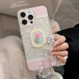 Lace embroidery Pink Rose flowers Sequins transparent Phone case For iPhone 16 15 14 13 12 11 Pro Max Xr Case Cute Cartoon Cover