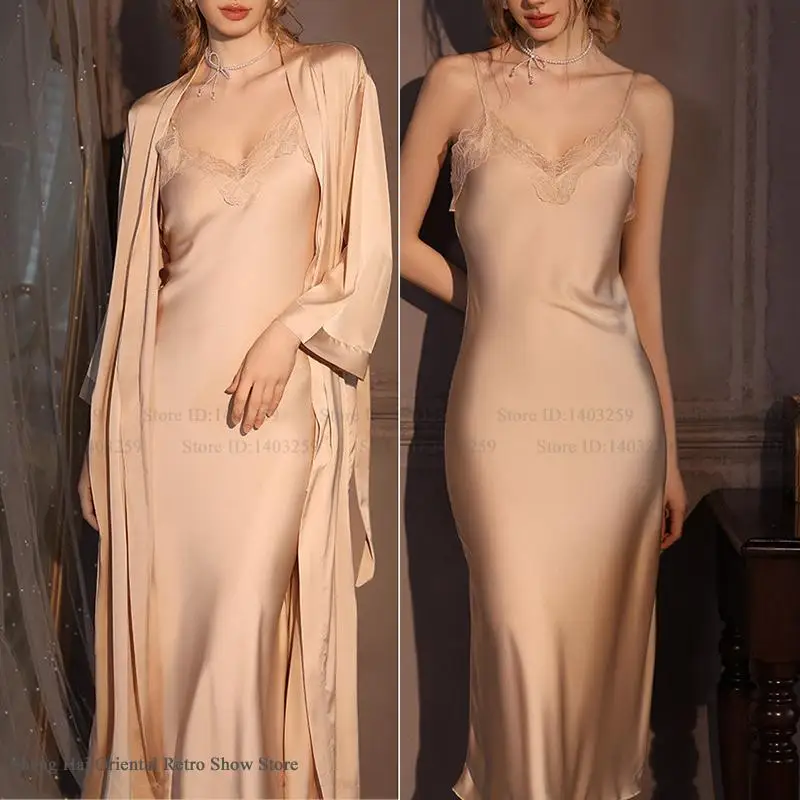 Elegante Weibliche Twinset Robe Set Lange Kimono Bademantel Kleid Sexy Spitze Nachthemd Dessous Frühling Herbst Neue Nachtwäsche Hause Kleid Image