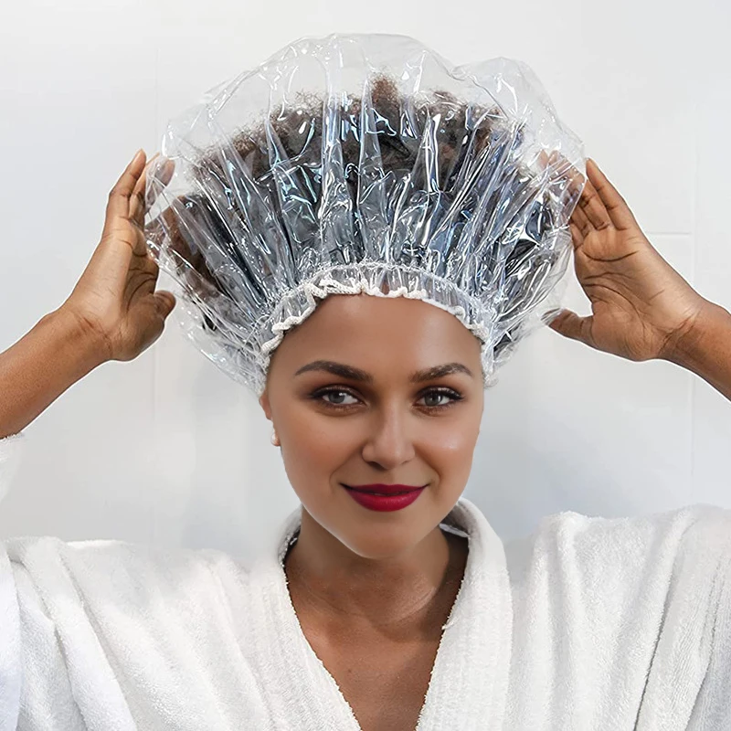1Pc Extra Große Dusche Kappe Thicked PVC Transparent Wasserdichte Bade Hut Schönheit Hut Wiederverwendbare Öl Beweis Back Kappe Für Frauen männer Image