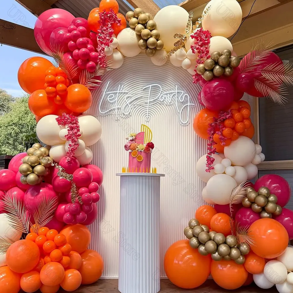 123 Stück Hot Pink Orange Luftballons Girlande Elfenbein Metall Gold Rose Rosa Orange Ballonbogen für Geburtstag Hochzeit Let's Party Decor Image