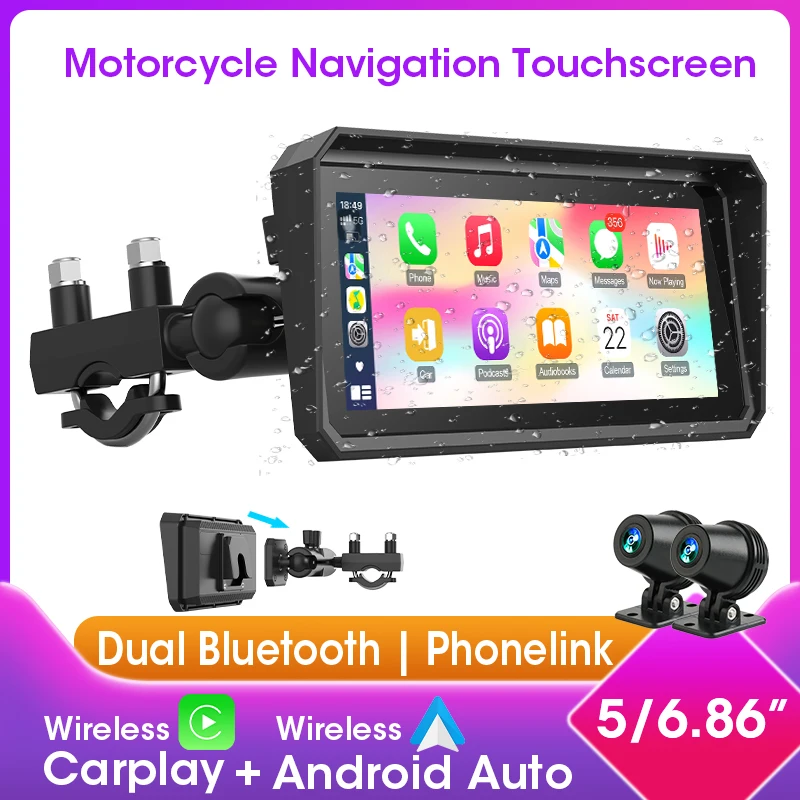 JMCQ Carplay Motorrad GPS Navigation 1080P Kamera Moto DVR Drahtlose CarPlay Android Auto Wasserdichte Bluetooth Motorrad Monitor Image