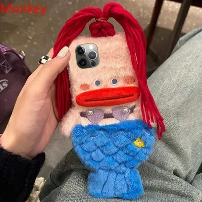 3D Cute Plush Mermaid Girls Gift Phone Cases For iPhone 17 16 15 14 13 Pro Max 12 11 X XR 7 8 Plus Winter Fluffy Hair Soft Cover
