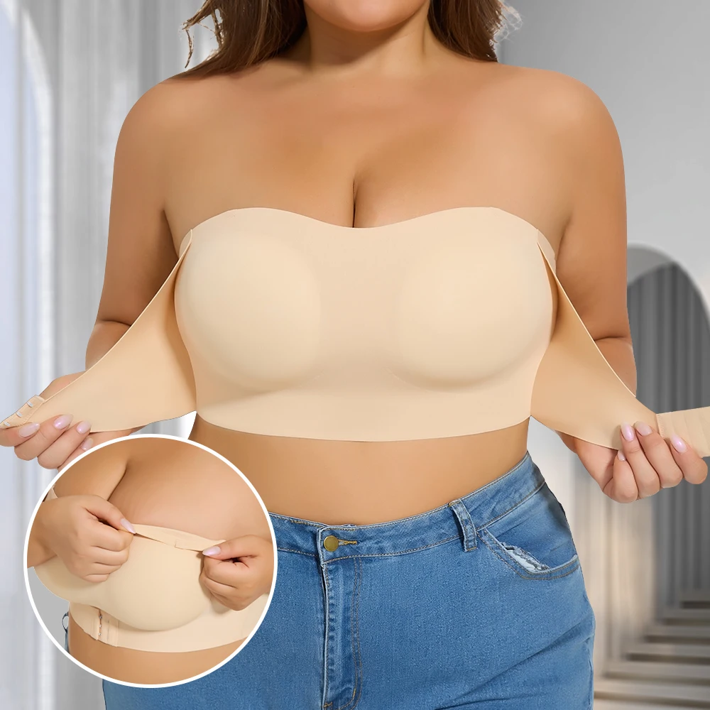 Soutien-gorge rembourré sans bretelles pour femmes, sans couture, bouton avant, bandeau croisé, confortable, lisse, grande taille, Lingerie pour femmes