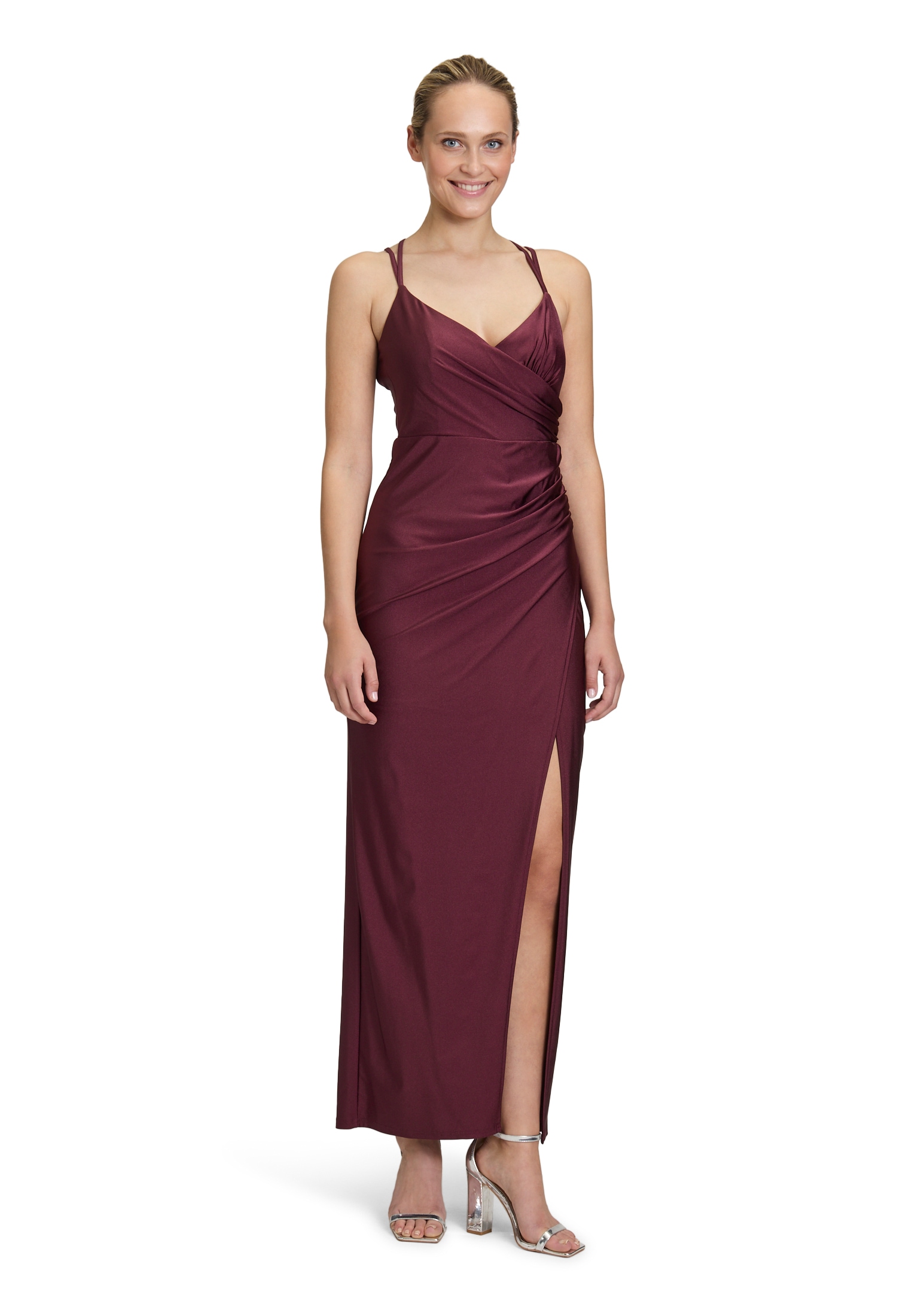 Abendkleid VERA MONT "Damen Abendkleid figurbetont", Damen, Gr. 34, Normalgrößen, rot (deep dahlia), Jersey, Obermaterial: 82% Polyamid, 18% Elasthan. Futter: 100% Polyester., Elegant, figurbetont lang, V-Ausschnitt, Kleider, Rückenfrei Image