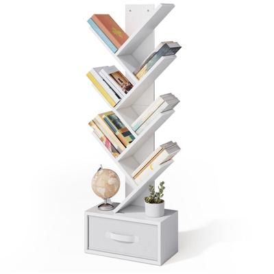7-stöckiges Bücherregal mit Schublade aus Stoff für Bücher, CDs, Magazine in Weiß für Wohnzimmer Image