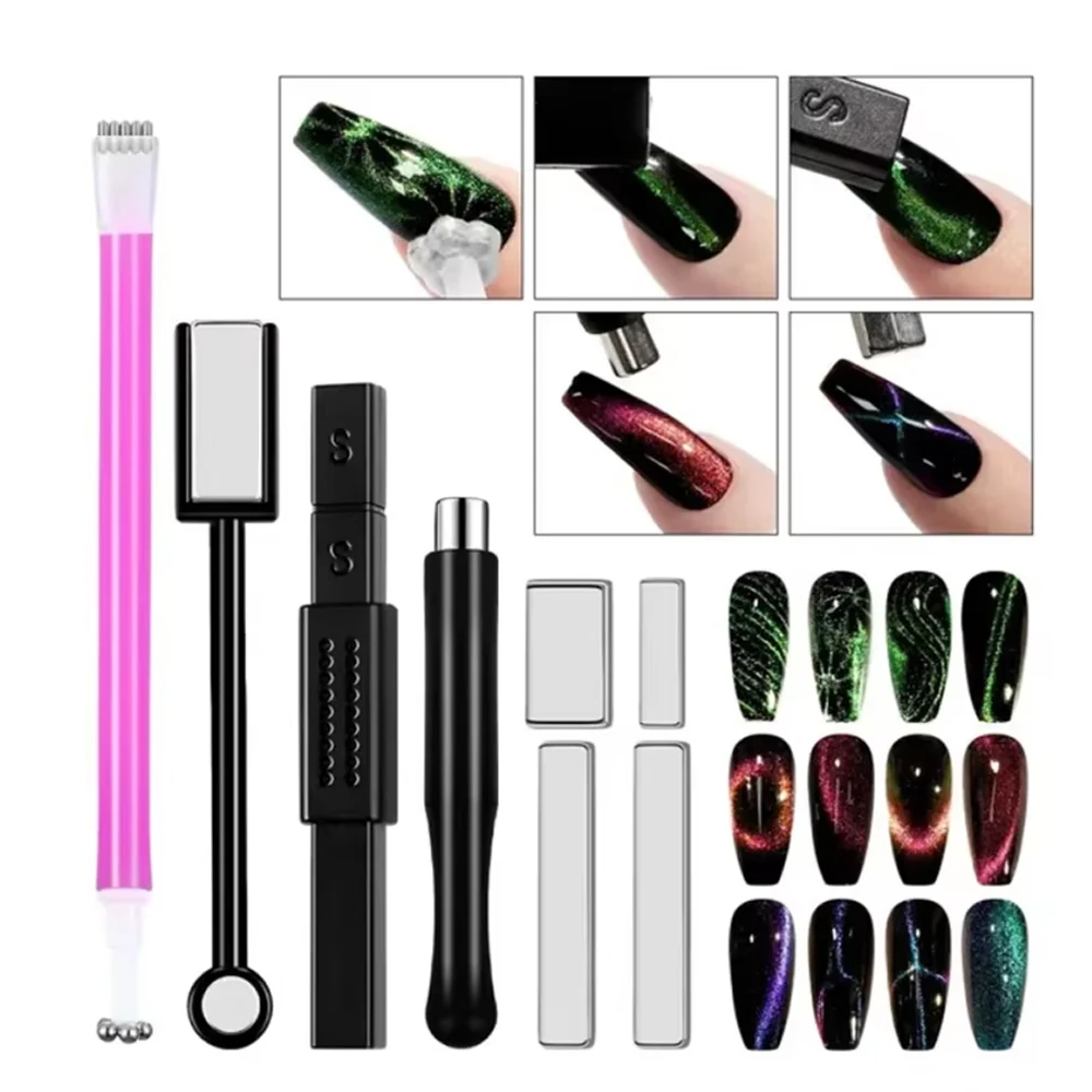 YIKOOLIN 8-teiliges Nagelmagnet-Werkzeugstift, superlanges magnetisches Katzenaugen-Gel-Nagellack-Set für DIY-Nagelkunst zu Hause, Salon oder Studio Image