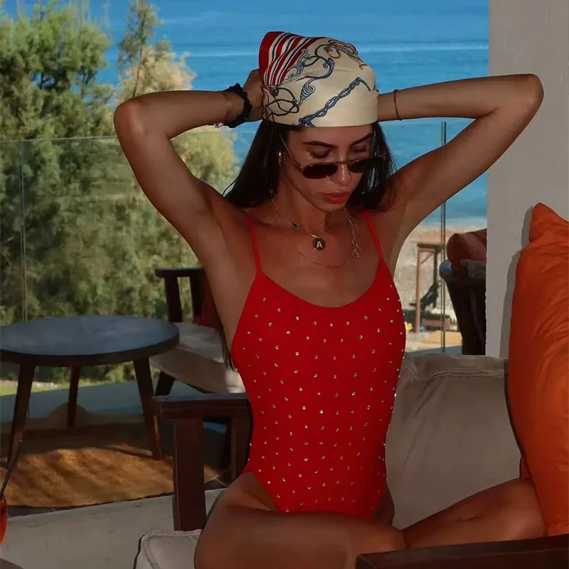 Sexy Frauen Einteiliger Badeanzug Strapsendesign Roter gepunkteter einteiliger Badeanzug Bedruckter Blumen-Badeanzug mit freiliegendem Rückengurt Image