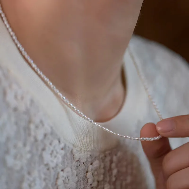 Dainashi 925 Sterling Silber 2,5-3,5 mm Reisform Süßwasserperlen Halsketten 40 cm Länge Kragen Halsketten für Frauen Schmuck Geschenk Image