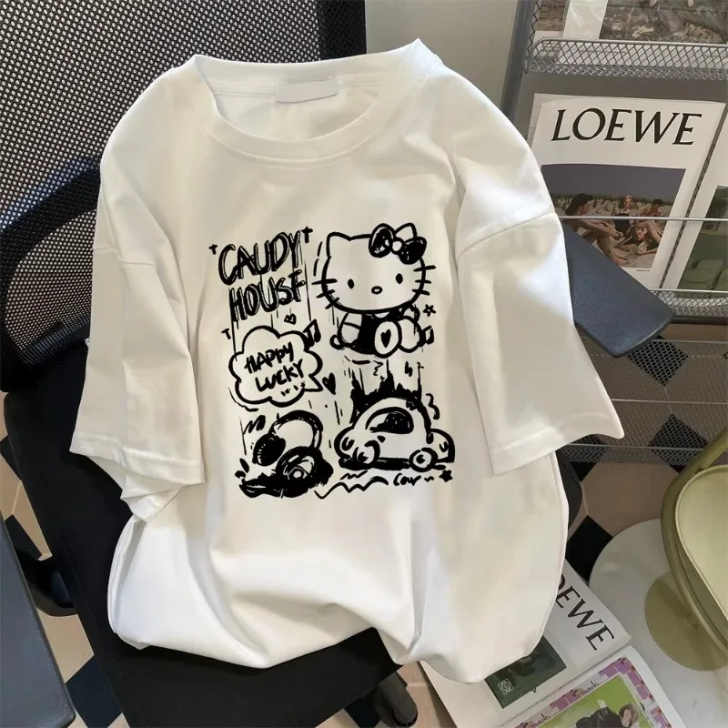 Hello Kitty Cat Bedrucktes Design T-Shirt Damen Sommer Damen Casual High Street Y2k Casual Kurzarm Top