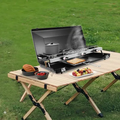 3-Brenner-Campingkocher, 4,5 kW, tragbarer Gasgrill zum Kochen im Freien, BBQ-Picknicks, faltbares, winddichtes Design mit Piezo-Zündung