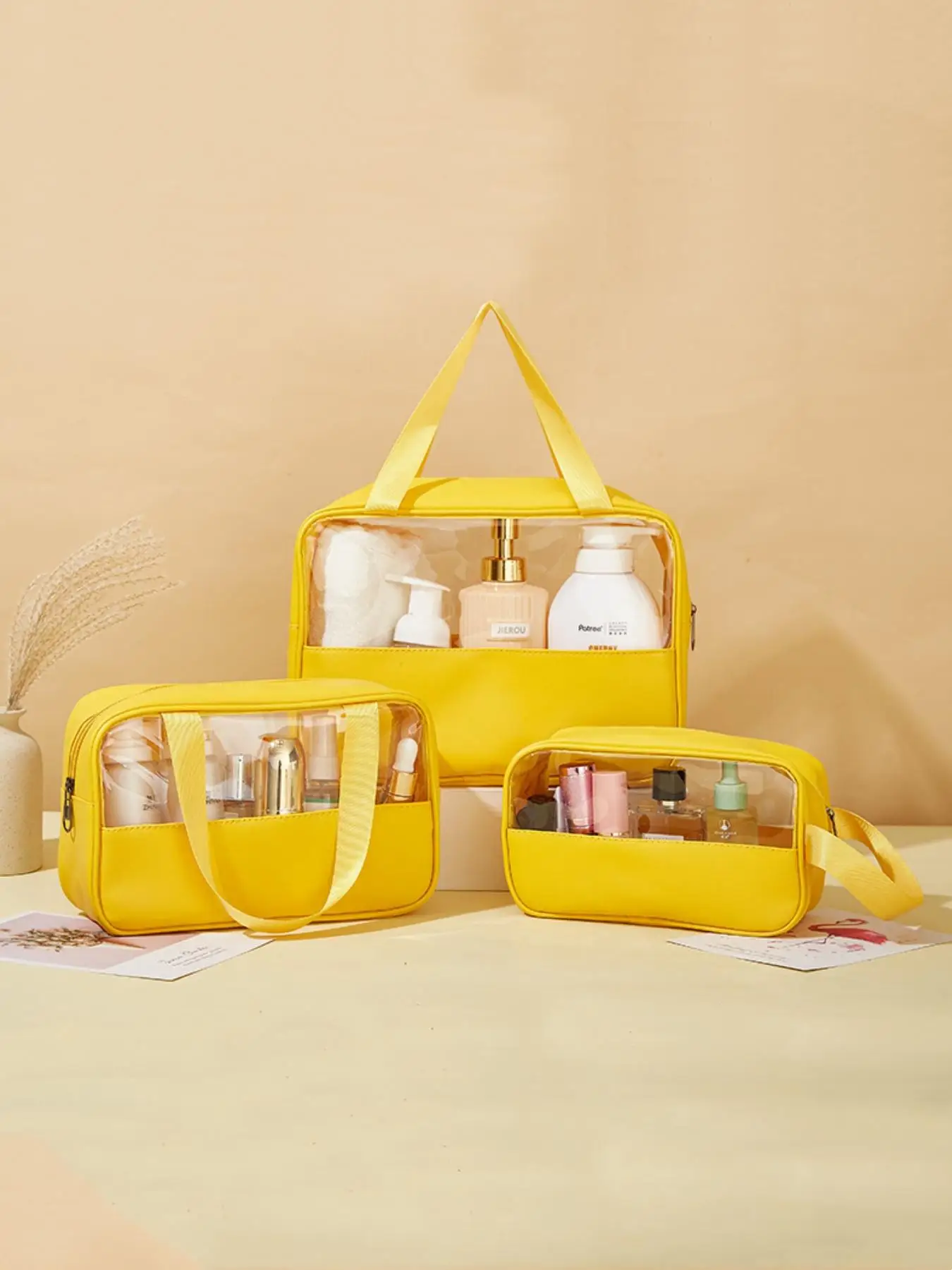 1/3-teiliges Set transparente Damen-Kosmetiktasche aus wasserdichtem Pu-Leder, tragbare Kulturtasche mit großem Fassungsvermögen für Reisen, Outdoor-Urlaub, Geschäftsreisen, tragbare wasserdichte Image