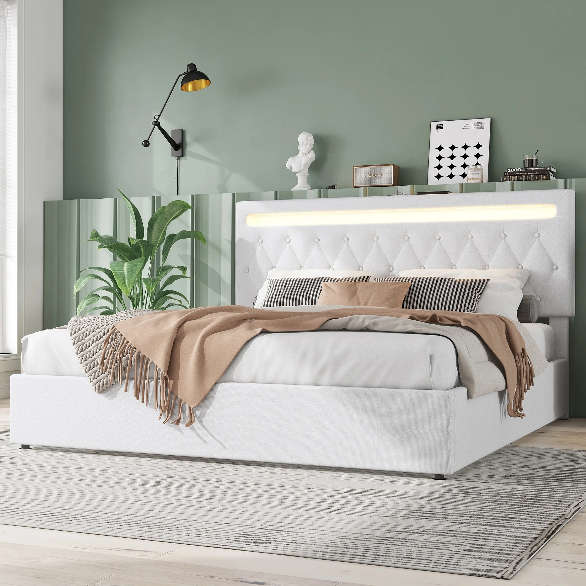 Boxspringbett Polsterbett 180 x 200 cm mit 24-Tasten-Fernbedienung LED-Umgebungslicht und USB- und Typ-C-Ladeanschluss, Hydraulisches Stauraumbett mit Bettkasten Stauraum(Ohne Matratze) Image