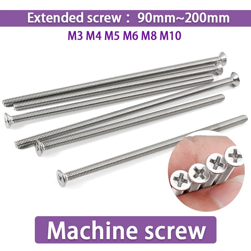 M3 M4 M5 M6 M8 M10 verlängerte Kreuzschlitzschrauben mit flachem Senkkopf, extra lange Schraube, verlängerte Schraube aus Edelstahl 304 Image