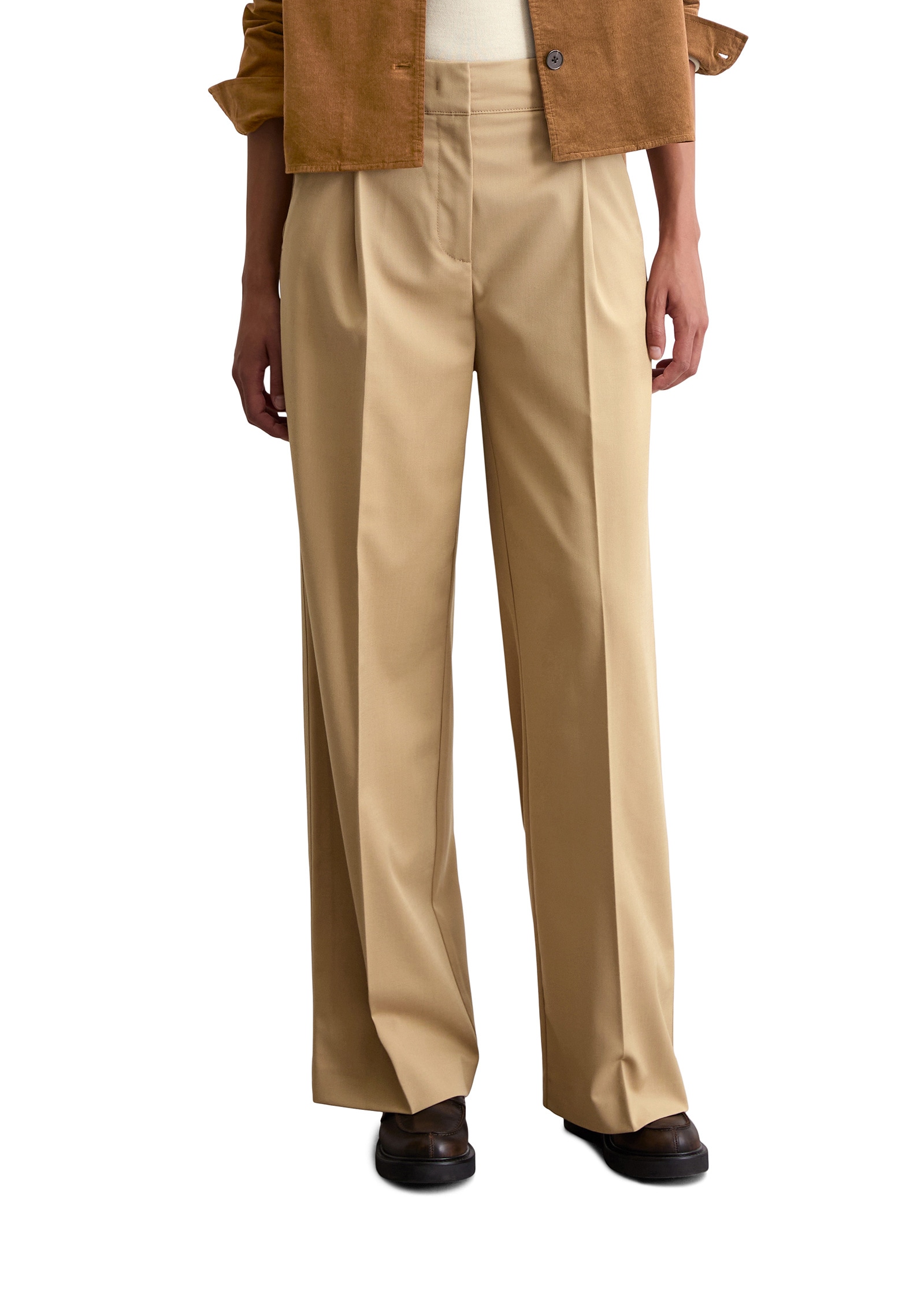 Chinohose MARC O'POLO "aus Wolle-Mix-Twill", Damen, Gr. 46, Normalgrößen, beige (salted caramel), Twill, Obermaterial: 59% Polyester, 21% Viskose, 18% Schurwolle, 2% Elasthan, unifarben, weit normal, Hosen Chinohose