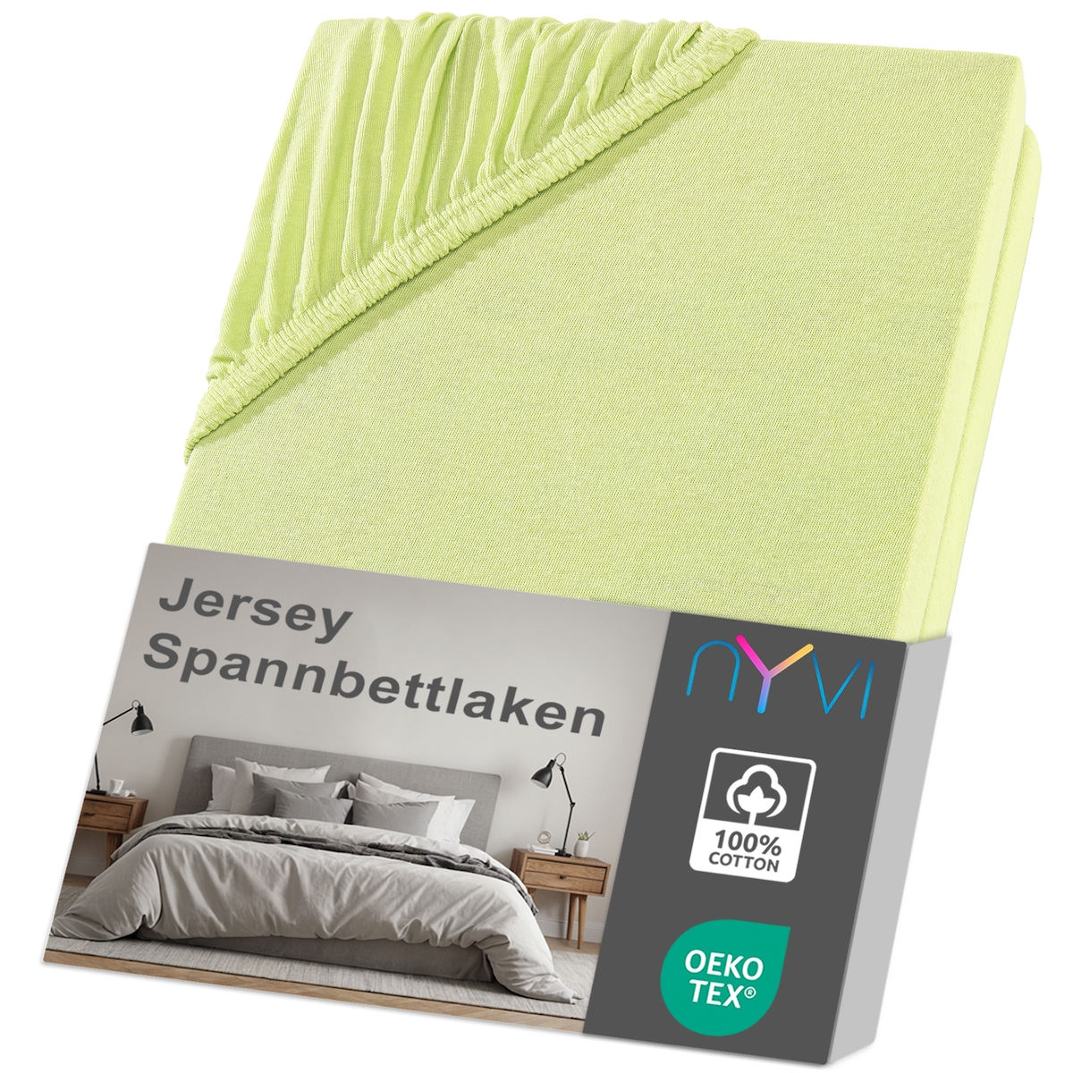 NYVI Jersey Spannbettlaken DreamScience für Matratzen bis 22 cm Höhe - Weich & Anschmiegsam, Rundumgummizug, Bügelfrei 120x200 - 130x200 cm apfelgrün Image
