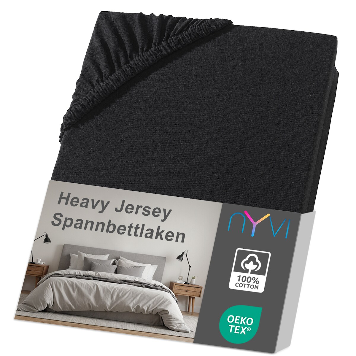 NYVI Spannbettlaken DreamScience Heavy Jersey - Spannbetttuch, Formstabil, 160g/m², Rundum-Gummizug, Bügelfrei 180x200 - 200x200 + 15 cm Topper schwarz Image