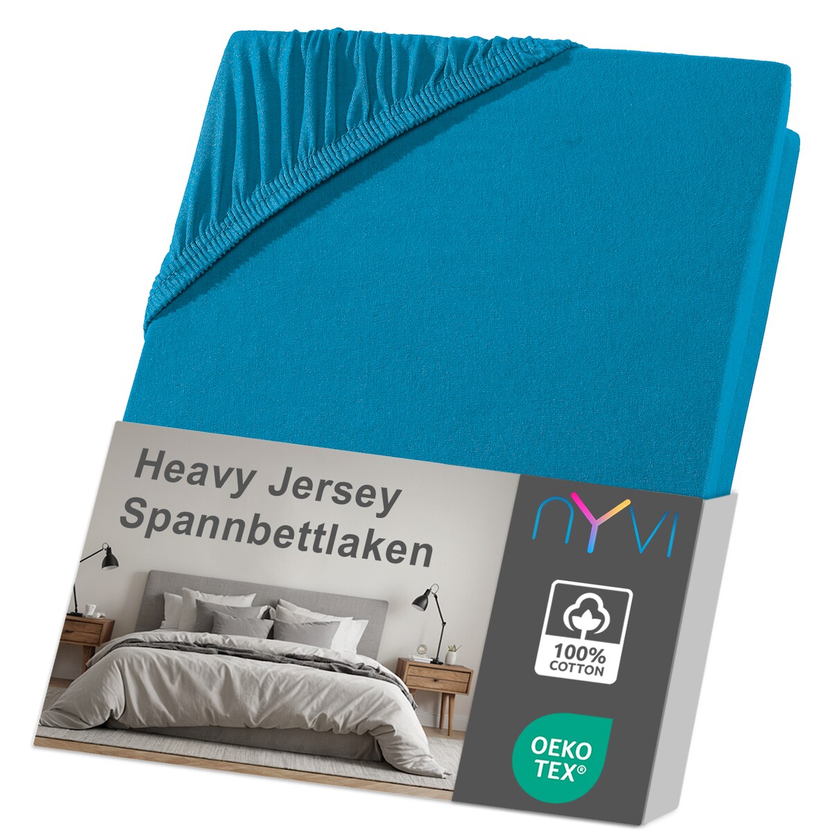 NYVI Spannbettlaken DreamScience Heavy Jersey - Spannbetttuch, Formstabil, 160g/m², Rundum-Gummizug, Bügelfrei 120x200 - 130x200 cm petrol Image