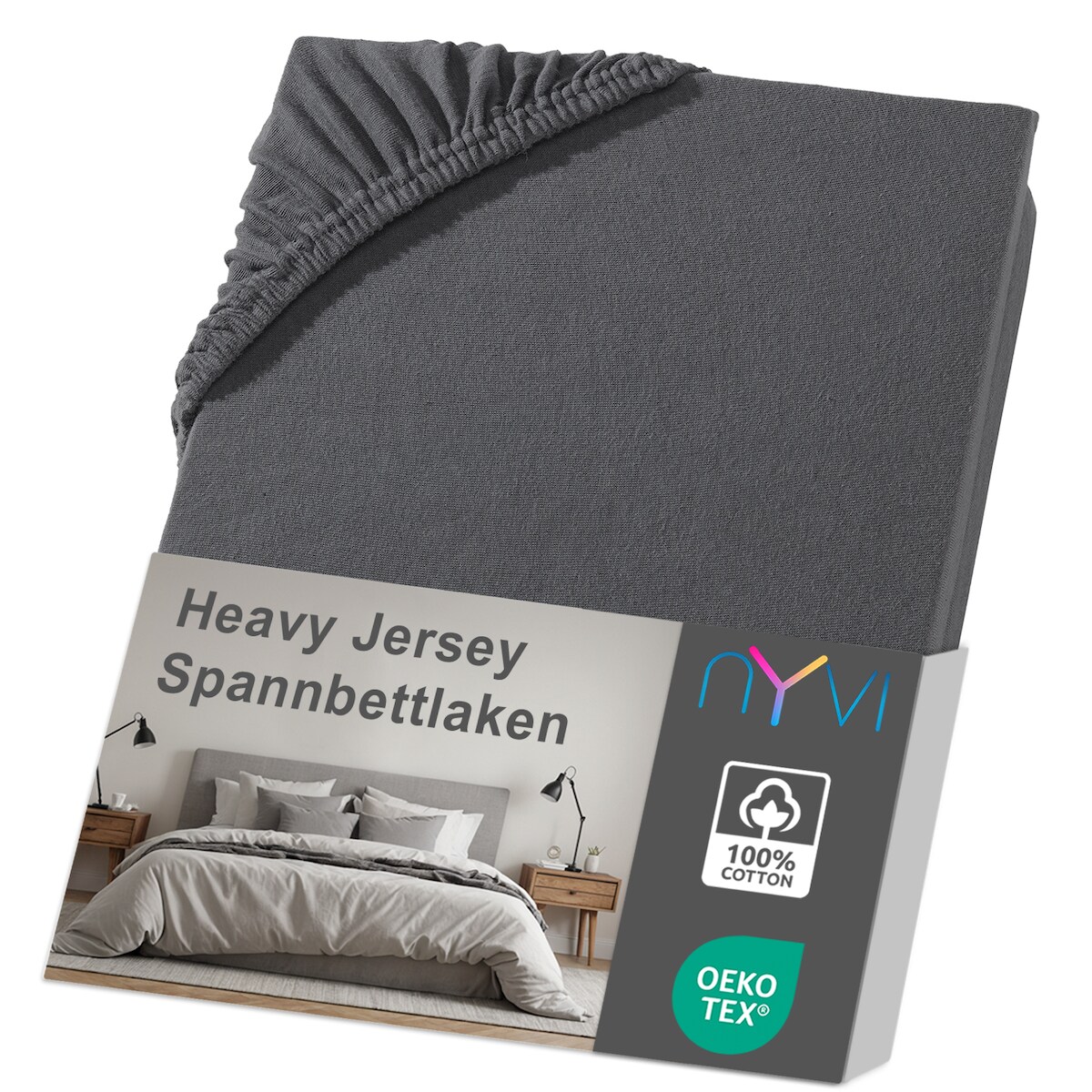 NYVI Spannbettlaken DreamScience Heavy Jersey - Spannbetttuch, Formstabil, 160g/m², Rundum-Gummizug, Bügelfrei 180x200 - 200x200 + 15 cm Topper anthrazit Image