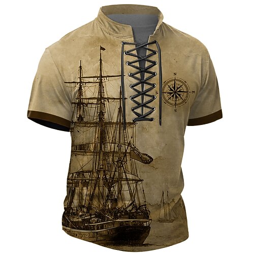 Maglietta Henley da Uomo a Maniche Corte T-shirt Tee T-shirt 3D Stampata Collo a Girocollo Lacci Henley Stile Retro Vintage Casual Vintage Retro Sport all'aperto Casual Blu Verde Khaki Estate