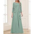 Elegantes minimalistisches Quadrat-Ausschnitt-Zweiteiliges Kleid für die Mutter der Braut bodenlang aus Chiffon mit kordelgeplotteter Spitze ärmellos und mit 3/4-Ärmeln mit kaskadierenden Rüschen.
