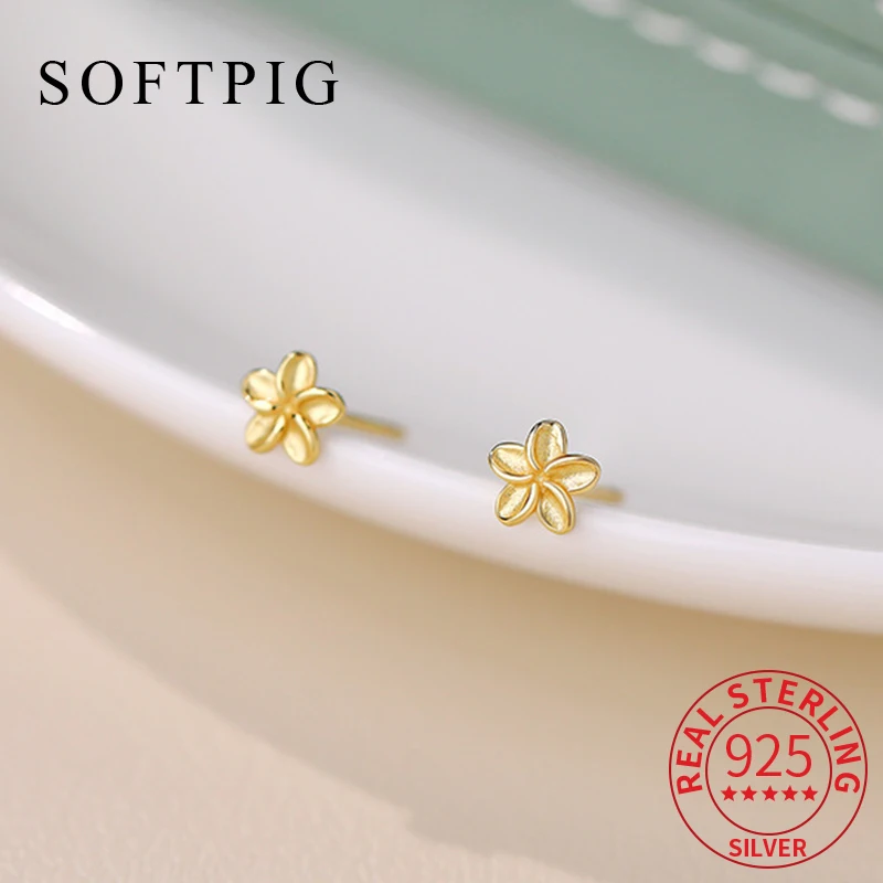 SOFTPIG Echt 925 Sterling Silber 5 MM Minimalistische Blume Winzige Ohrstecker für Frauen Nette Feine Schmuck Pflanzen Zubehör Image