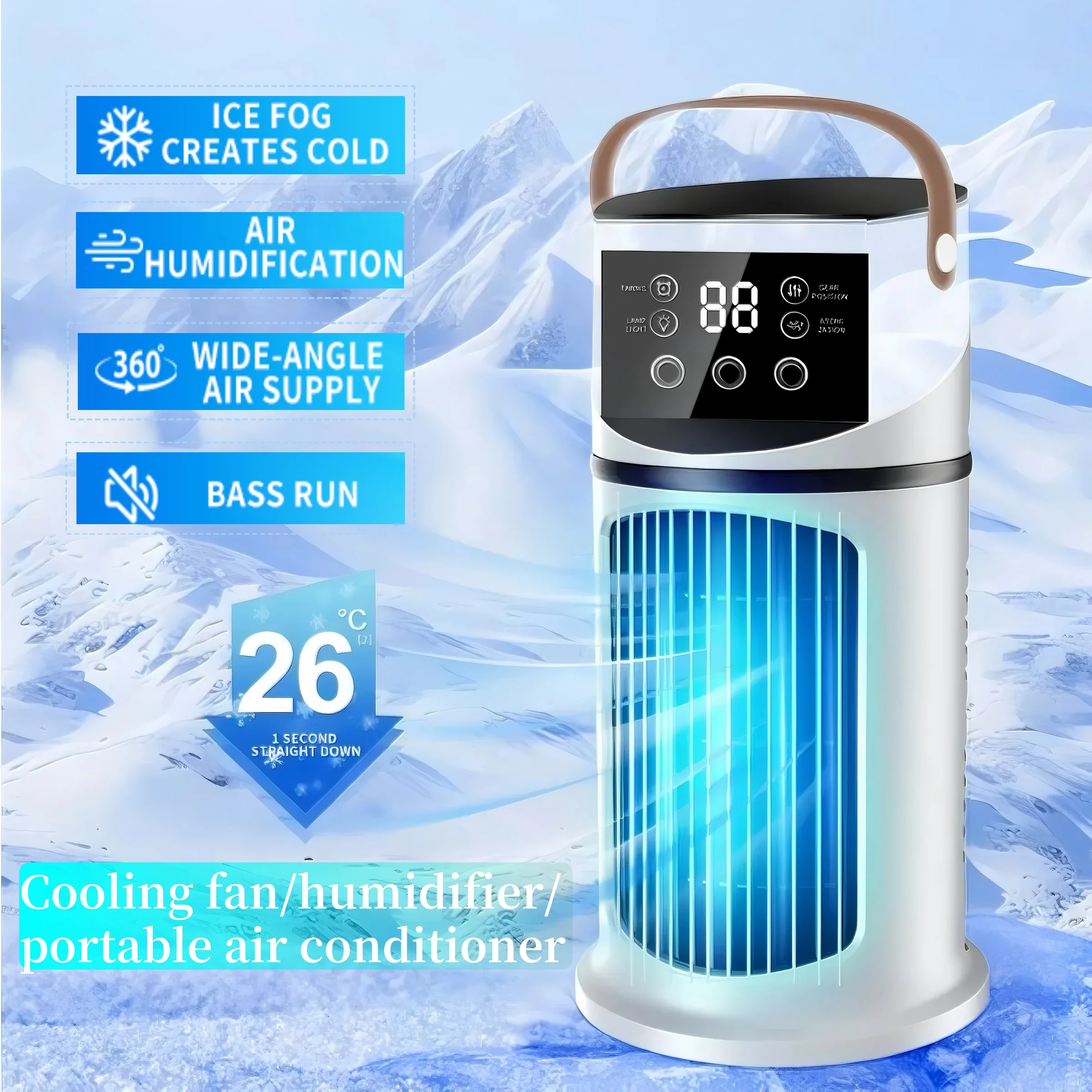 Tragbarer Luftkühler, Ventilator, Luftbefeuchter mit 1–9, einstellbarer Windgeschwindigkeit, 1–8 Stunden Timing, LED-Licht, 3-Loch-Spray für das Heimbüro Image