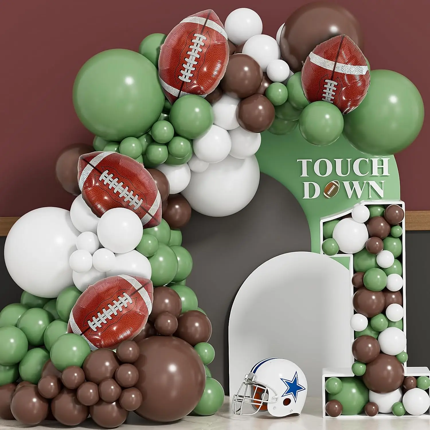 Rugby-Themen-Ballonbogen-Set, salbeibrauer Latexballon für Geburtstag, Sport, Party, Dekoration Image