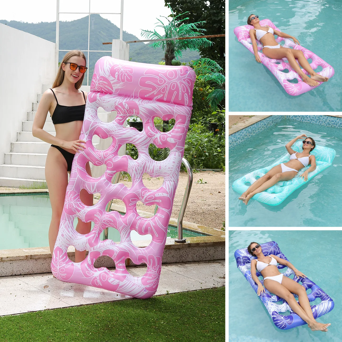 Aufblasbarer PVC-Poolschwimmer mit herzförmiger Rückenlehne – schwimmendes Lounge-Floß im Lochdesign für Erwachsene, Sommer, Strand und Wasserpartyspaß Image