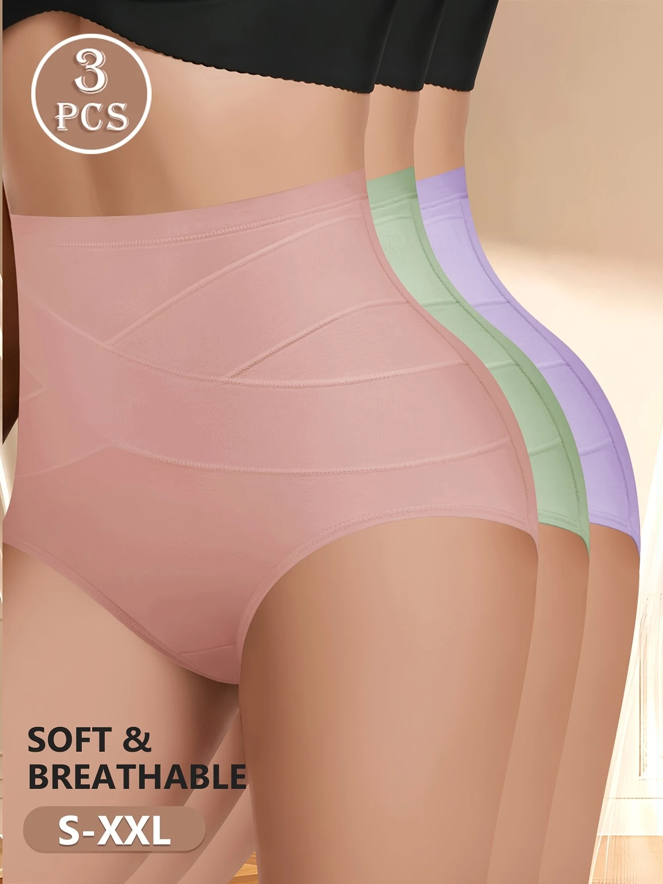 MIOTAN 3er-Pack Damen-Slips mit hoher Taille, Bauchkontrolle, Po-Lifting, weiche, atmungsaktive Baumwollhöschen – überkreuzter Rücken, nahtlos Image