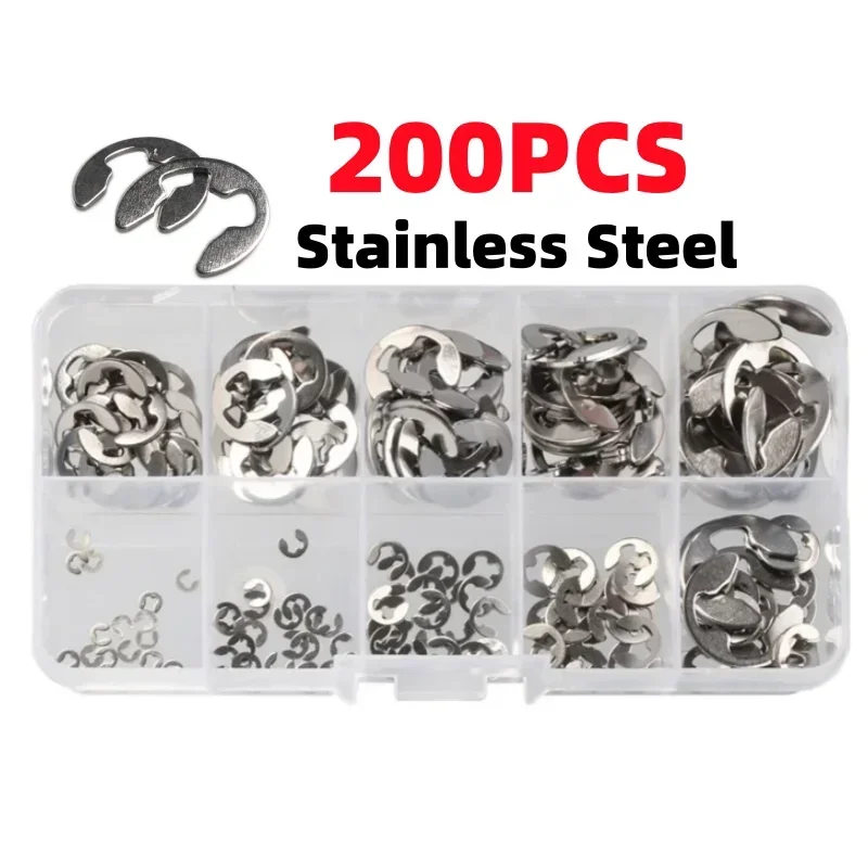 200-teiliges E-Clip-Set aus Edelstahl, 1,5–10 mm, Sicherungsscheiben für Wellen, Stifte, E-Typ-Sicherungsringe Image
