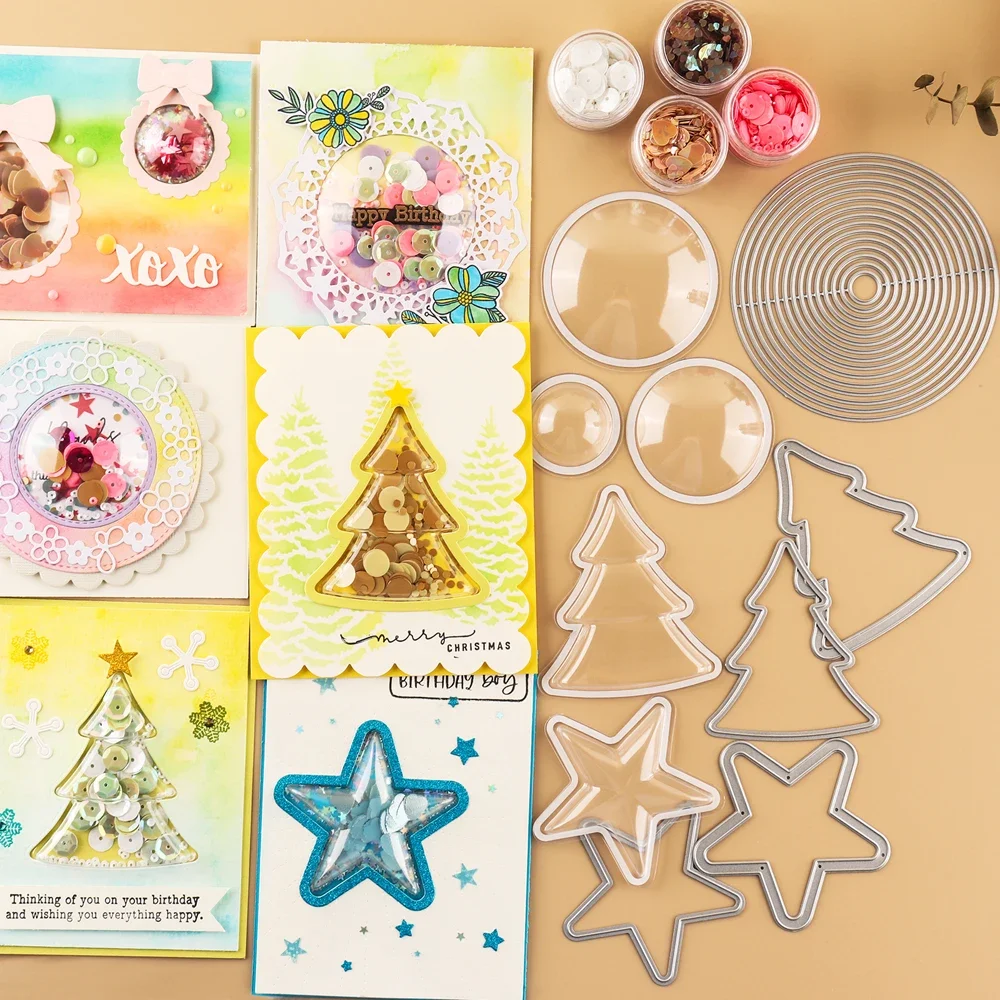 10 Stück lustige Weihnachtsbaum-Kreissterne, 3D-dimensionale Shaker-Kuppeln für die Herstellung von Shaker-Karten, durchsichtiger, bauschiger Shaker-Abdeckungen aus Kunststoff Image