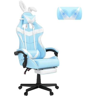 Light Blue Gaming Chair with Footrest,Lovely Cute Bunny Computer Gamer Chair,Kawaii Desk Chair for Granddaughter,Sister,Girlfri