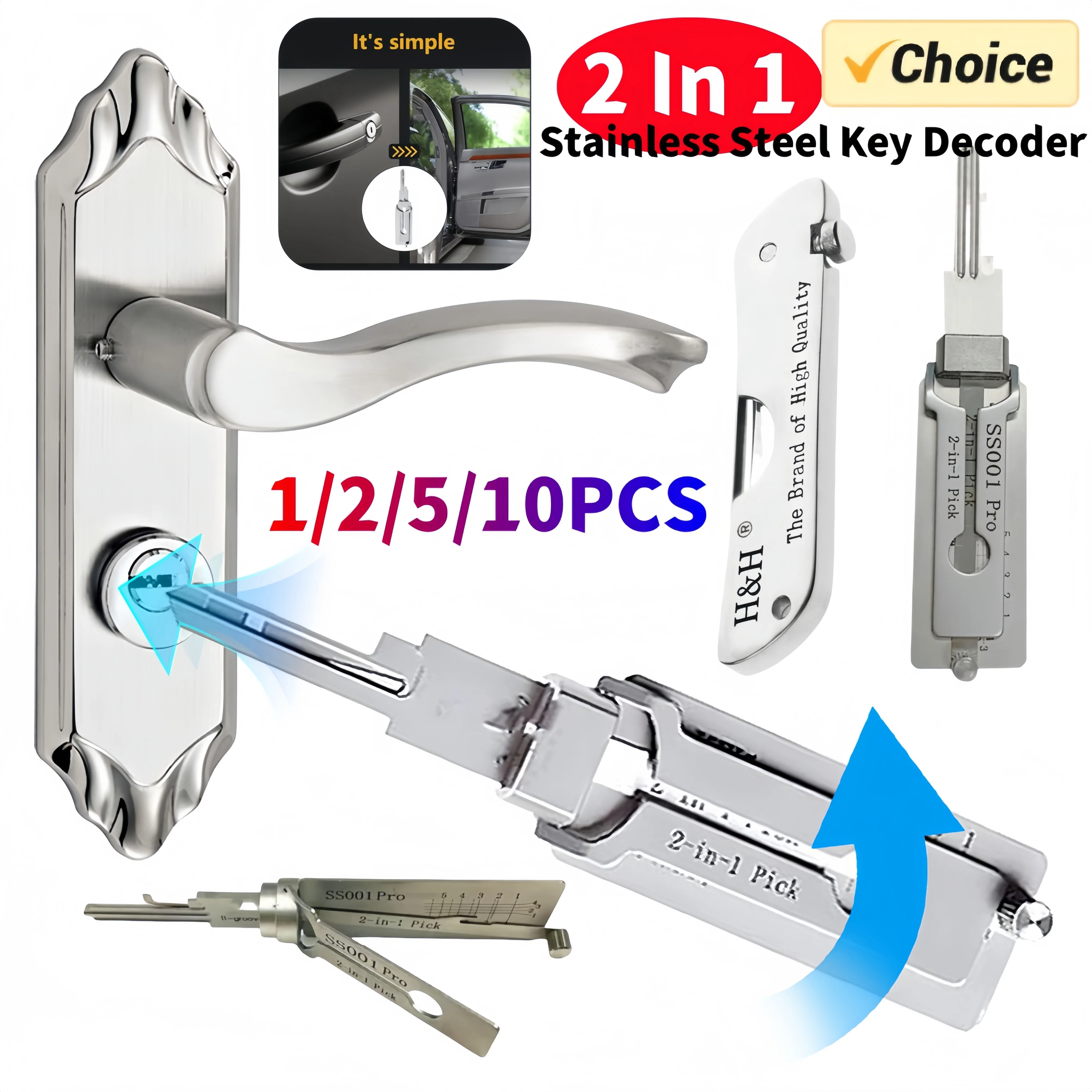 1-10PCS 2 In 1 Edelstahl Schlüssel Decoder Präzision Haken Und Pick Set Schloss Decoder O-ring Pickup Kit Wartung Reparatur Hand Zu Image