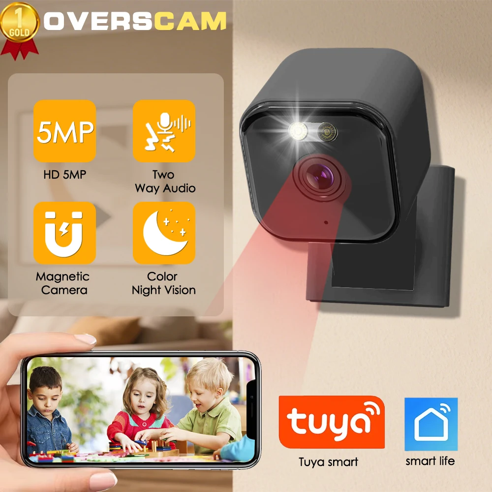 Tuya Smartlife Magnetische Heim-Minikamera, Schwarz, Nachtsicht, Zwei-Wege-Audio, WiFi, menschlicher Alarm, integrierte Sirene für die Cloud-Speicherung zu Hause Image