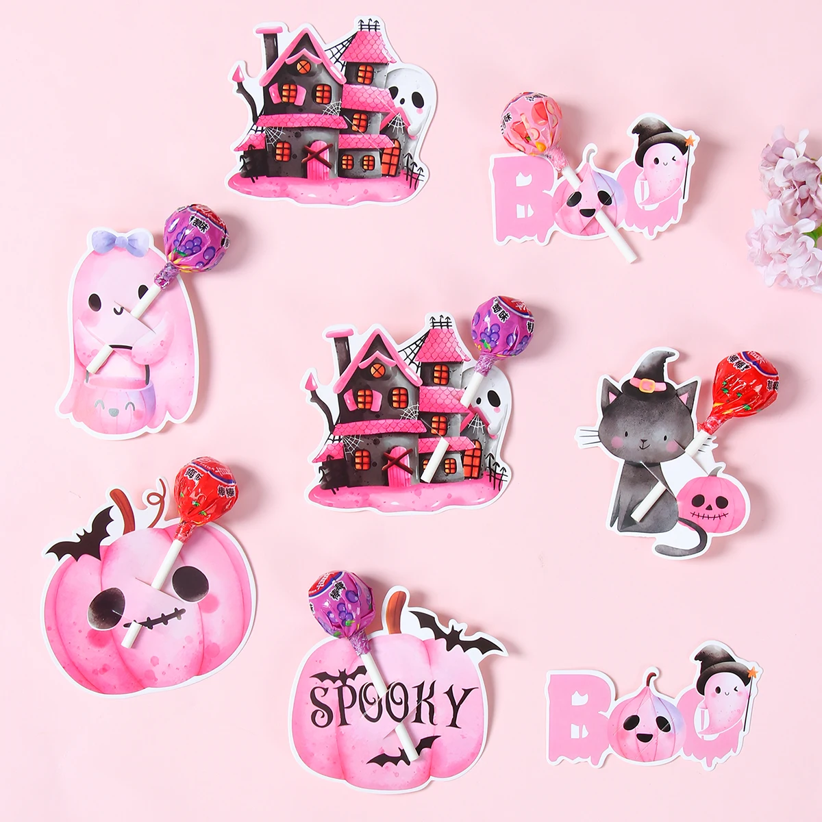 48 Stück Halloween-Lutscher-Dekoration, Karte, Halloween-Thema, Party-Dekoration, Kinderbevorzugungen, Kürbis, Geist, Süßes oder Saures, Partyzubehör Image