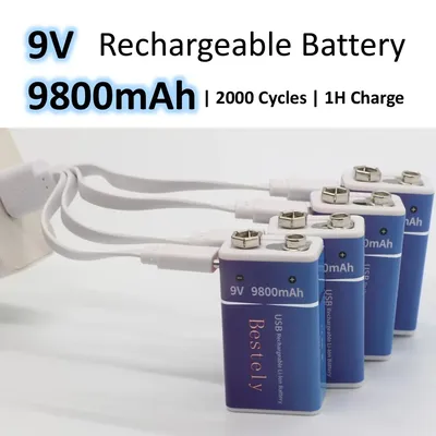 New 9V 9800mAh Rechargeable Battery USB-C Fast Charging, 2000 Cycles, 9 Volt Batteries for Smoke Alarms, Medical Devices, Radios