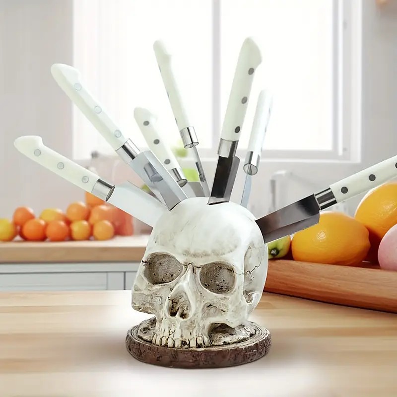 Halloween Skull Knife Holder, Resin Kitchen Skull Knife Rack, Spooky Kitchen Storage Organizer, Horror Style Cutlery Stand for Halloween Party Decor