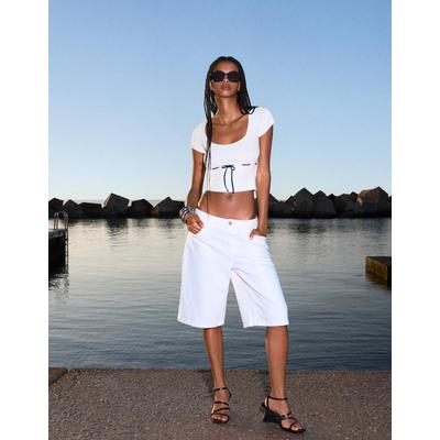 Bershka Short Sleeve Cable-Knit Sweater With Tie Women L White