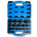 Set chiavi piede di porco da 1/2" e 3/8" con profilo esagonale aperto, comprende 19 pezzi con le seguenti misure: 8, 9, 10, 11, 13, 14, 16, 18, 19, 21, 22, 27, 28, 32, Realizzato in acciaio Cr-Mo.