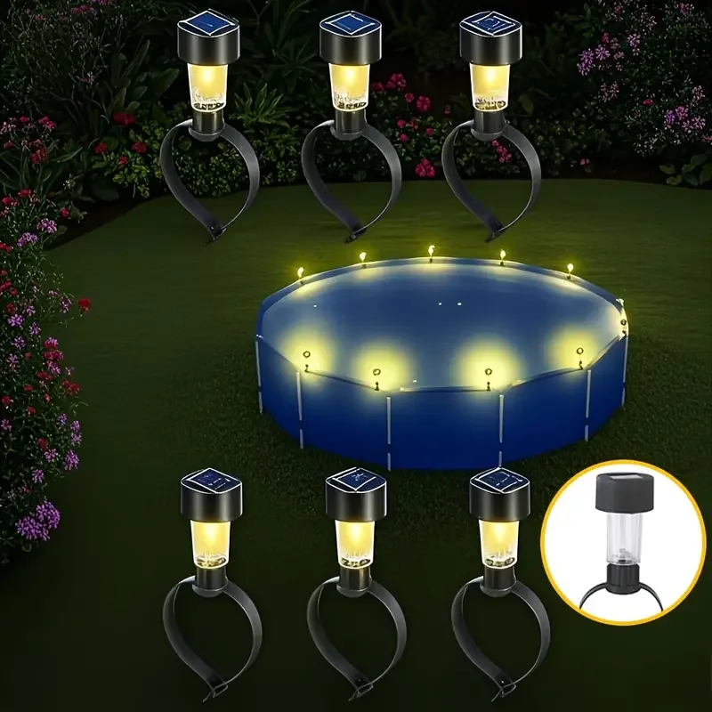 1/6er-Pack Solar-Poolbeleuchtung, warme/weiße/RGB-LED mit grauen Bändern, geeignet für Boden-/Metallrahmen-Pools | Beleuchtung für den Außenbereich Image