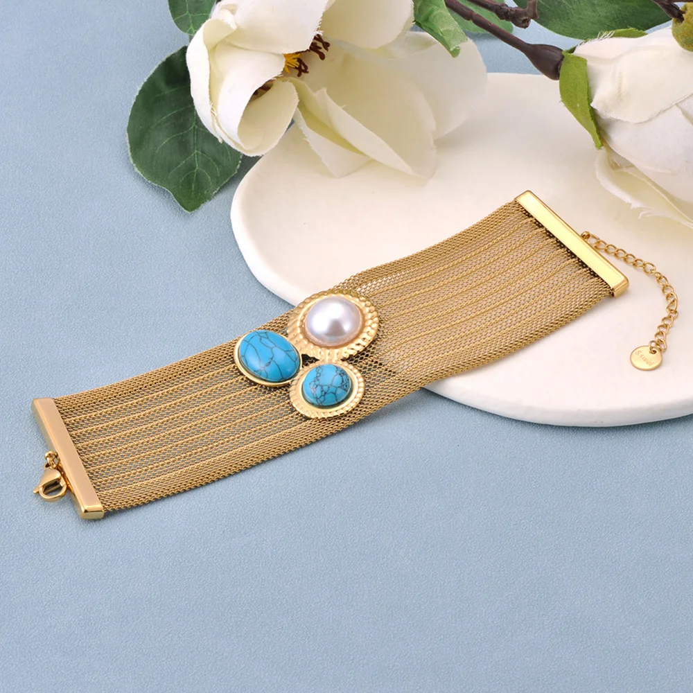 Lokaer Retro Edelstahl Blauer Stein Breites Mesh-Kettenarmband 18K vergoldete Perle Personalisierter Armreif Schmuck Damen B25104 Image