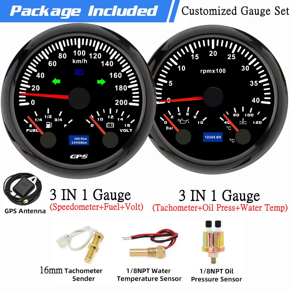 Kundenspezifisches 85-mm-2-Gauge-Set mit Sensoren, 3-in-1-Messgerät, 200 km/h, 120 km/h, GPS-Tachometer, VOLT-Kraftstoff, 3000–8000 U/min, Drehzahlmesser, Temperatur, Ölpresse Image