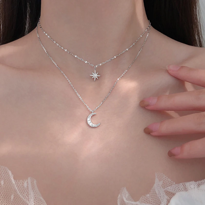 Mode Einfache Doppel Schicht Sterne Mond Charme Halskette Zarte Schlüsselbein Kette Zirkon Halskette Für Frauen Schmuck Image