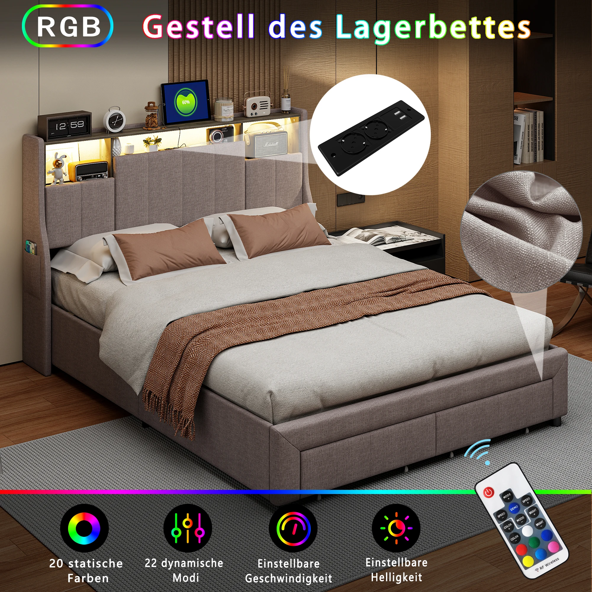Rosahqnda Doppelbett Kopfteil mit LED-Beleuchtung, USB-Anschlüssen und Ablagefach, 2 Schubladen, Gästebett, Jugendbett, Image