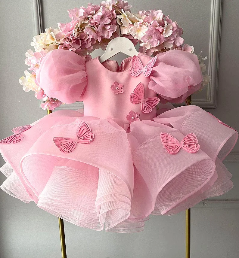 Baby Mädchen Kleid Rosa Blase Ärmel Schmetterling Kleid Festzug Kleider für Kleinkind Mädchen Offizielle Weihnachtsessen Kleidung Image