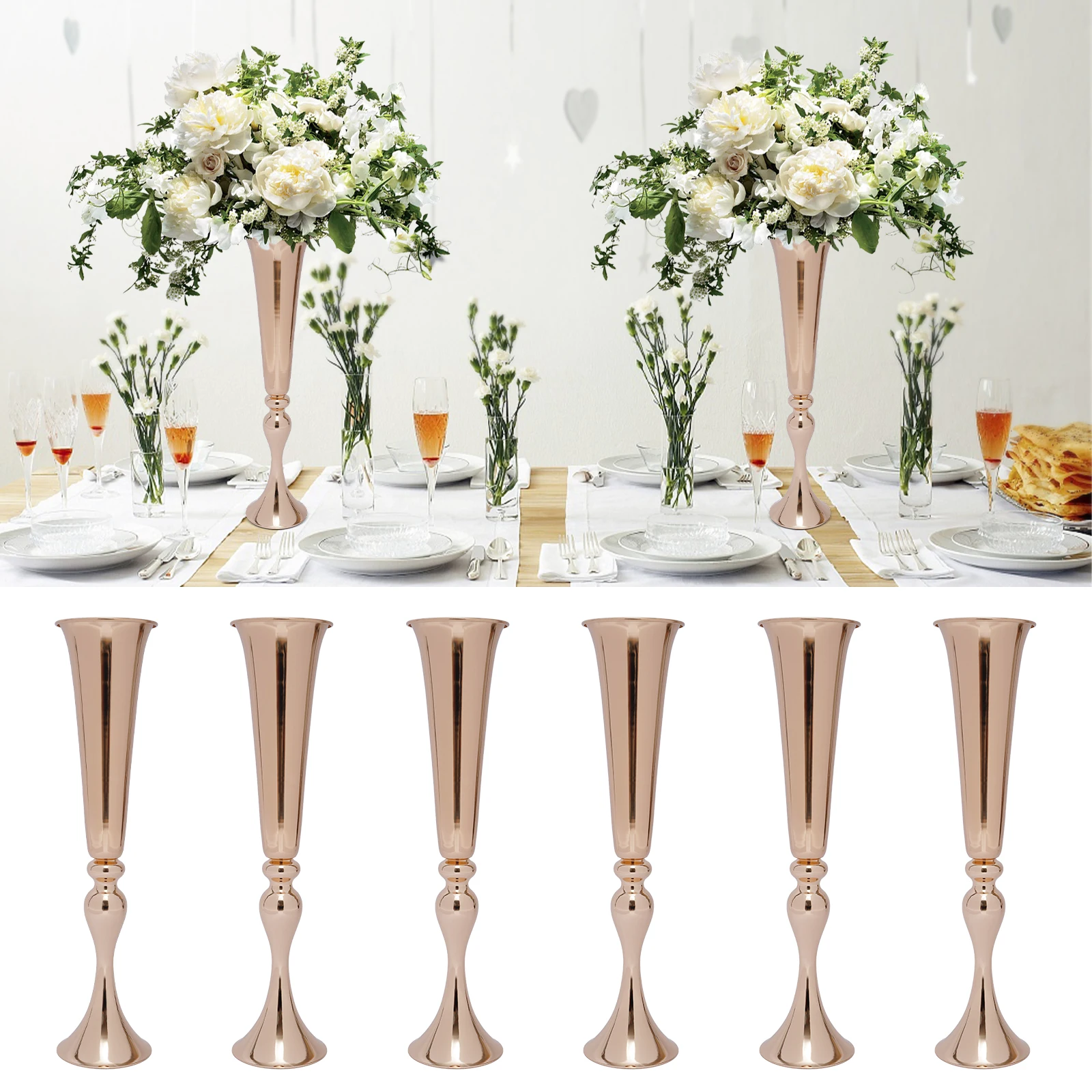 6 Stück 22" hohe goldene Trompeten-Hochzeitsblumenvasen, Tischblumenständer für Hochzeit, Straße, Jahrestag, Geburtstag, Party-Dekoration Image