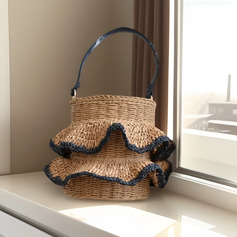 Borsa a secchiello estiva con volant Borse a tracolla in tessuto bohémien per le donne Borsa da spiaggia da viaggio Borse e portamonete Borse in corda di carta intrecciata Pochette