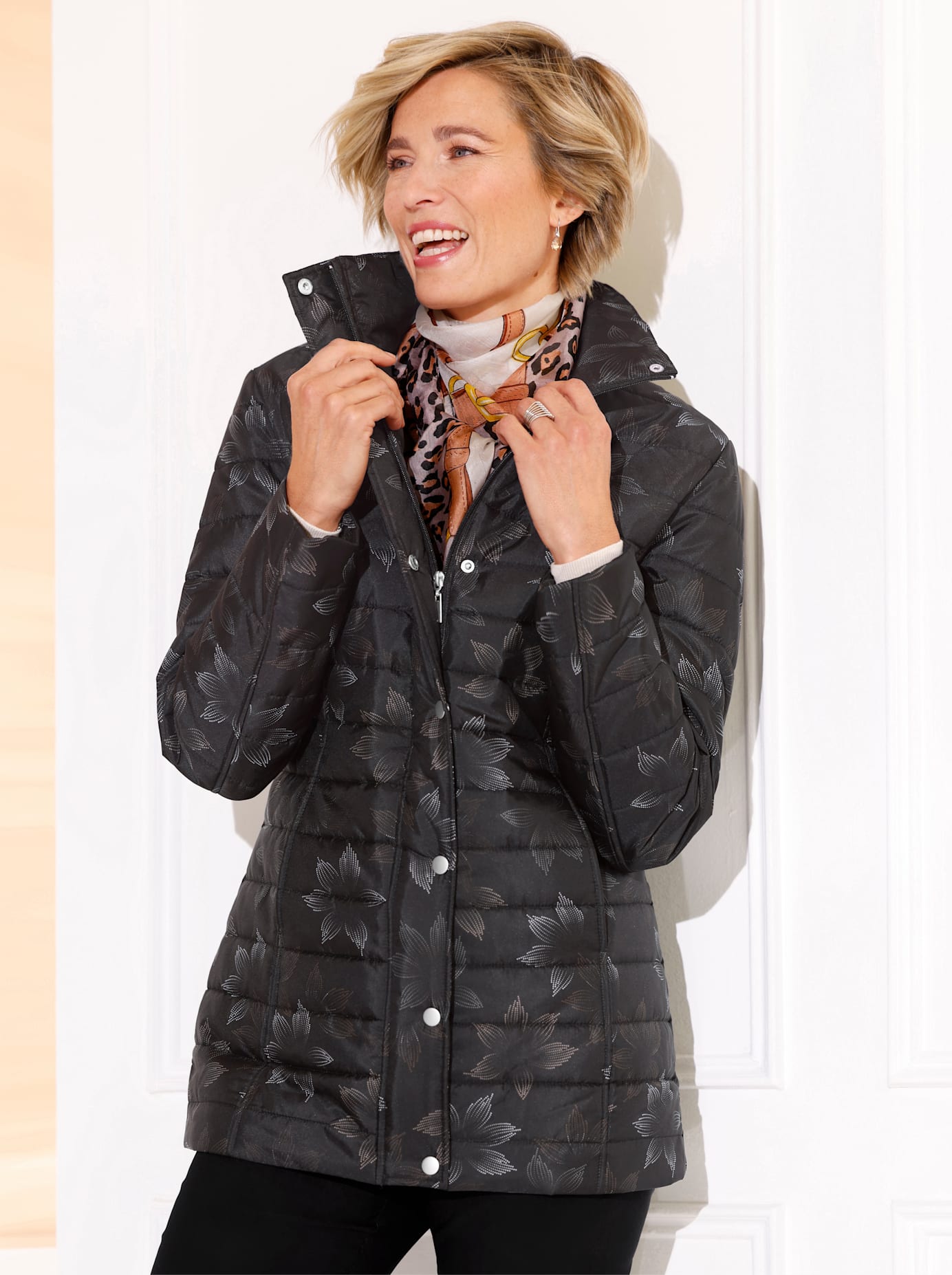 Langjacke CLASSIC BASICS, Damen, Gr. 54, braun (schwarz, braun, bedruckt), 100% Polyester, Wattierung:100% Polyester, geblümt, gemustert, mehrfarbig, Jacken Image