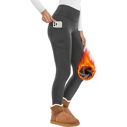 Damen Fleece-Capri-Leggings Yoga-Leggings Mit Taschen Warm Bauchkontrolle Hohe Taille Fitnessstudio Training sportlich Unterteile Einfarbig Batik Schwarz Weiß Burgund Sport Sportkleidung Enge Passform Image